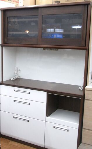 ★定番サイズ★ 河口家具 キッチンボード W120 食器棚 ブラウン×ホワイト 【モノ市場東浦店】