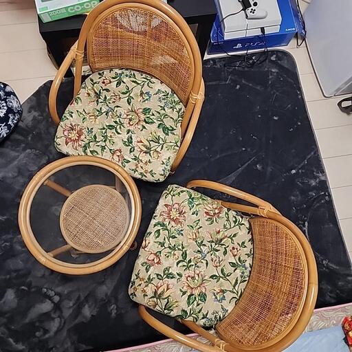 家具 椅子ラタン(籐)ガラステーブル回転椅子肘つき2つセット