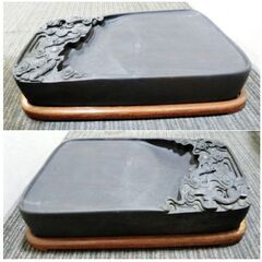 端渓硯　麻子杭　木製ケース付き　すずり　習字道具　大型　書道具　骨董品　中国　古美術　時代　古硯　工芸品　龍