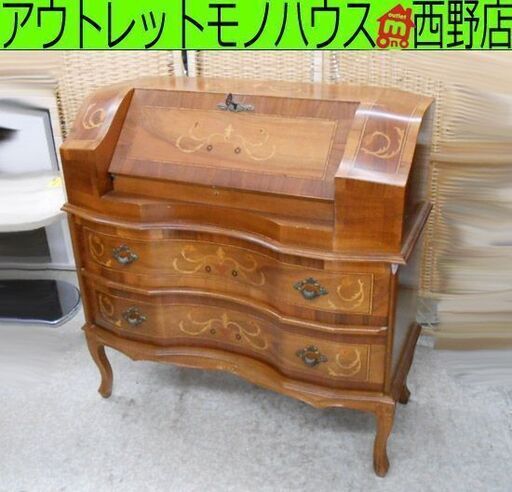 象嵌細工 ライティングビューロー 鍵付き 猫脚 ロココ調 クラシック ライティングデスク チェスト 飾り棚 札幌 西野店