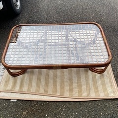 ラタン ガラス テーブル 座卓 卓袱台 机 藤 籐 木製 アンティーク レトロ ラタン ガラス テーブル 座卓 卓袱台 机 藤 籐 木製