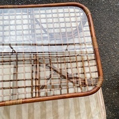 ラタン 藤　ガラス テーブル 座卓 机 木製 アンティーク レトロ