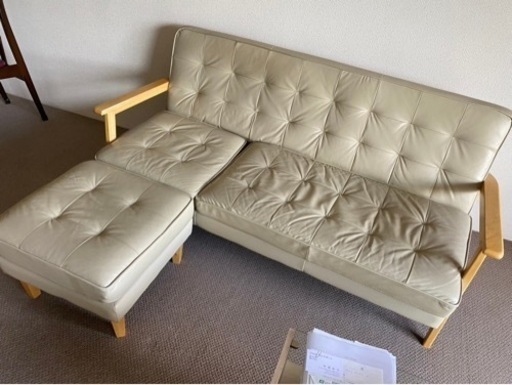 家具 ソファ 3人掛けソファ☆合皮☆オットマン付き♪
