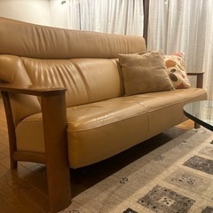 カリモク  WW41モデル 本革張 長椅子　家具 ソファ 3人掛けソファ