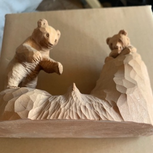 【圧巻サイズ】北海道伝統 木彫り親子熊 鮭 大型 彫刻 置物　ビンテージ　送料込 希少サイズ】北海道伝統 木彫り親子熊 鮭 大型 彫刻 置物 ビンテージ