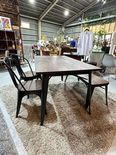★ダイニングセット ４人用★ SMITH スチール 天然木 モダン ダイニングテーブル ベンチチェア ヴィンテージ風
