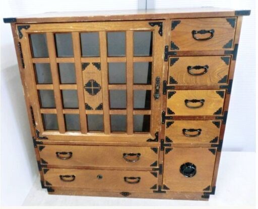 木製　棚　小物入れ　箪笥　整理棚　格子　飾り金具　レトロ　古道具　当時物　アンティーク　飾り棚　収納　チェスト