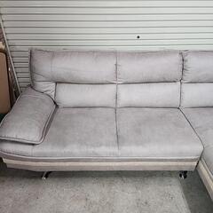 【売却済】３人掛カウチソファ　ライトグレー　ファブリックレザー