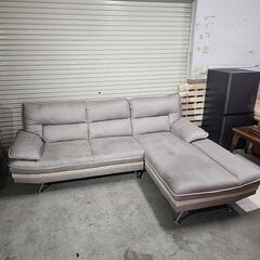売却済】3人掛カウチソファ ライトグレー ファブリックレザー - ソファ 