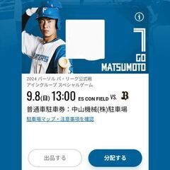 急募7/17日ハム試合チケット 駐車場あり