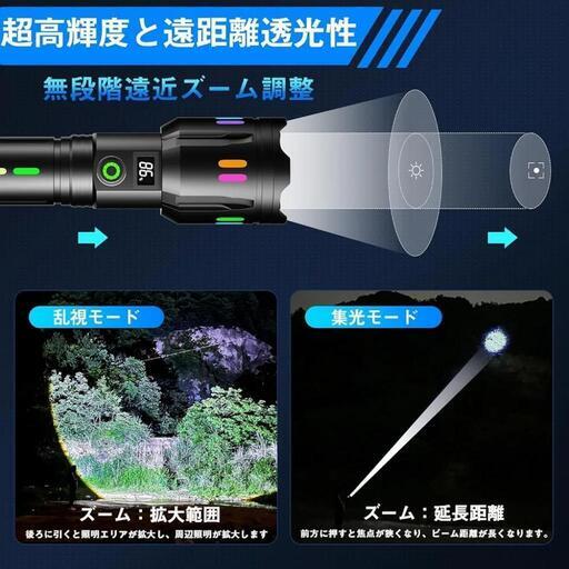 【2024最新液晶画面デジタル表示】独特な夜光懐中電灯 led 強力 軍用 最強 1000000ルーメン超高輝度 明るい ハンディライト