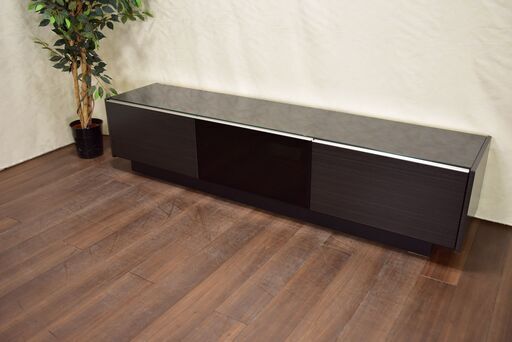 ≪yt1494ジ≫ 松田家具？ ガラス天板TVボード 2000サバースローTV 幅約199cm シック/モダン/モノトーン/幅200/TV台/ロータイプ/中古家具/宮城県仙台市 60707-05