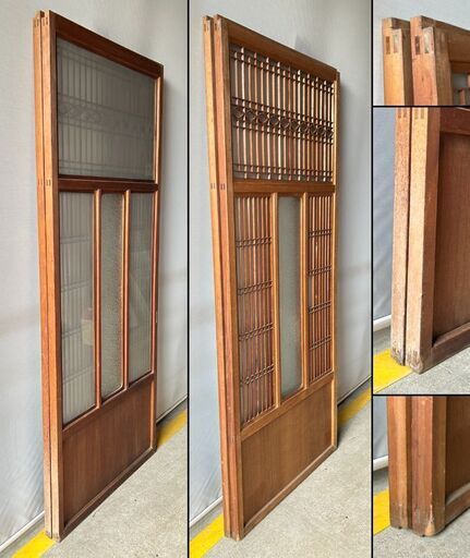 古い 木製ガラス戸 2枚セット B 組子 組木 組手 格子戸 引き戸 古建具
