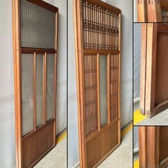 古い 木製ガラス戸 2枚セット B 組子 組木 組手 格子戸 引き戸 古建具 レトロ　/DJ-1247