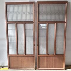 古い 木製ガラス戸 2枚セット A 組子 組木 組手 格子戸 引き戸 古建具 レトロ　/DJ-1246