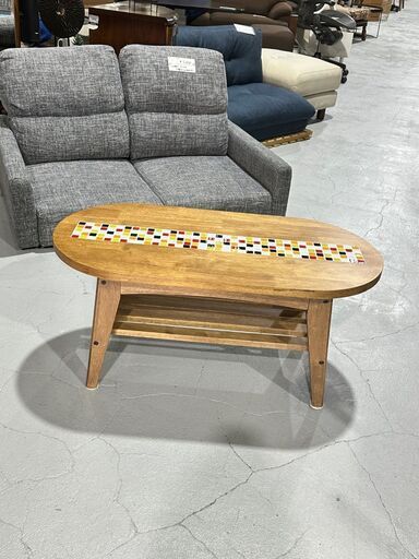 ★センターテーブル★ ガラスタイル モザイクタイル 楕円 木製 レトロモダン ポップ ラック付き W900