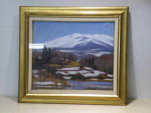 油絵　雪の湯殿山 　　山絵　額付　【佐藤辰作】洋画家 ■Ａ-1564