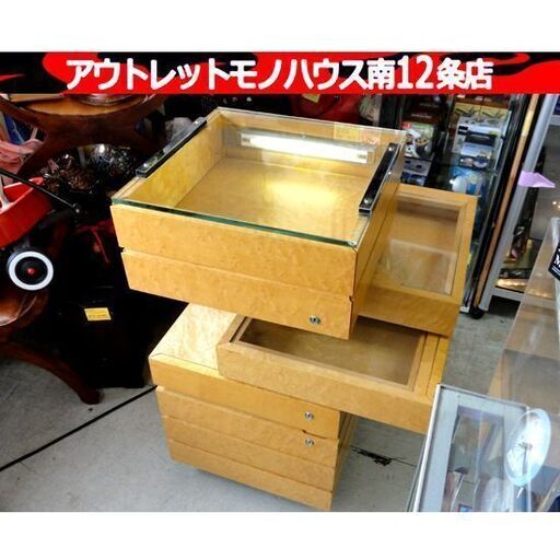 照明付き 縦型 木製ショーケース 天板ガラス 鍵付き 引出 回転 変形 収納 家具 札幌市 中央区 南12条