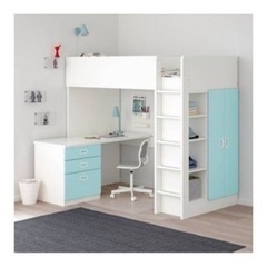 【安い！！】ロフトベッド, ホワイト ブルー/デスク付き 引き出し3段付き