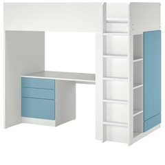 【安い！！】ロフトベッド, ホワイト ブルー/デスク付き 引き出し3段付き