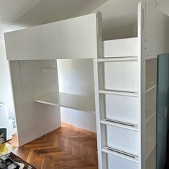 【安い！！】ロフトベッド, ホワイト ブルー/デスク付き 引き出し3段付き