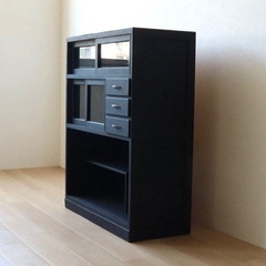 アンティーク 黒色 ガラス引戸収納棚  食器棚 古家具 木製 オープン棚