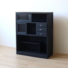 アンティーク 黒色 ガラス引戸収納棚  食器棚 古家具 木製 オープン棚