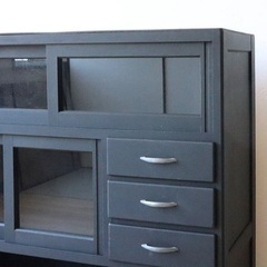 アンティーク 黒色 ガラス引戸収納棚  食器棚 古家具 木製 オープン棚