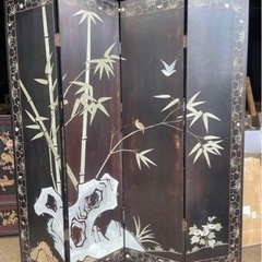 屏風　衝立　唐木 紫檀 両面彫り 24金箔 彫刻 4枚折り 衝立黒檀　中国美術