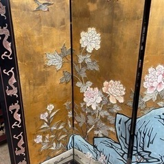屏風　衝立　唐木 紫檀 両面彫り 24金箔 彫刻 4枚折り 衝立黒檀　中国美術