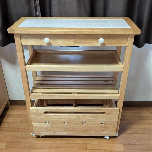 【美品】タイルトップ キッチンワゴン キャスター付 ナチュラル ㈱ヤマソロ