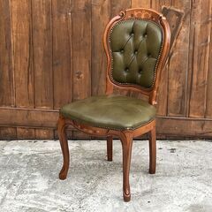 イタリア製 象嵌細工 ダイニングチェア 本革 グリーン 鋲打 猫脚