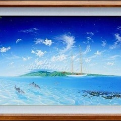 真作】C.W. Parker 油彩 約50号 大作 南国の島 青い空と海