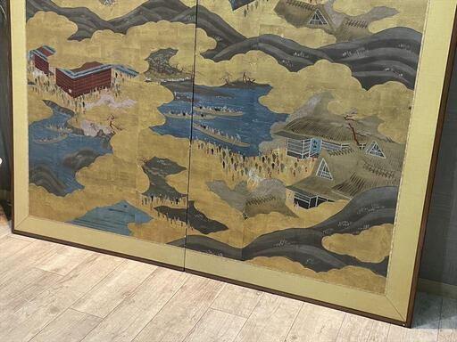 全国発送可能！】希少！賑やかな町の様子が描かれた華やかな金屏風♪ 2 