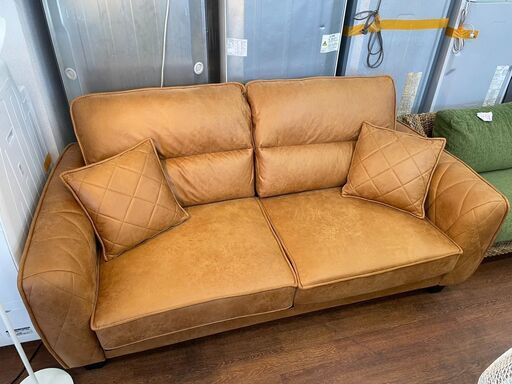 美品!!2人掛けソファ　No.14037　大幅値下げ！44,000円→22,000円　レザーファブリック　キャラメル　北欧　ビンテージ風　【リサイクルショップどりーむ天保山店】