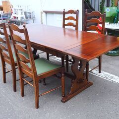 ◆輸入家具 ドローリーフ　スライド伸縮 ウッド ダイニング セット テーブル チェア　英国調◆