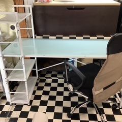 リサイクルサービス八光】幅140.5cm ガラス天板 ホワイトPCデスクセット