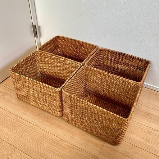 『無印良品 重なる ラタン バスケット 長方形』大4つ MUJI かご カゴ 編みBOX