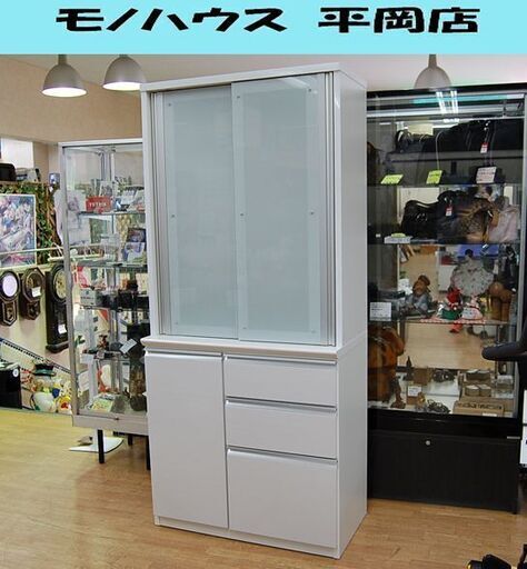 松田家具 食器棚 幅89×奥48×高200cm コンパス スライドドア ホワイト 白エナメル キッチンボード キッチン家具 収納 札幌市 清田区 平岡