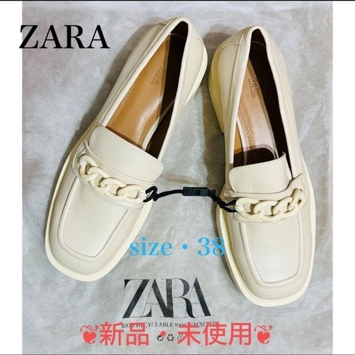 ZARA チェーンビット付きスクエアトゥ仕様リアル レザーローファー
