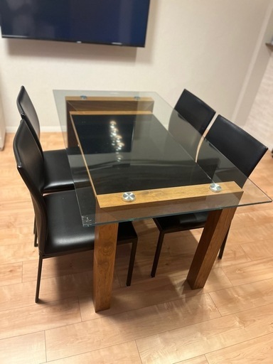 家具 ダイニングセット　ガラス　ウォルナット調　4人掛け