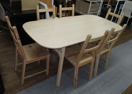 R244 IKEA ダイニング7点セット、パイン材椅子6脚セット、幅180cm Used・美品