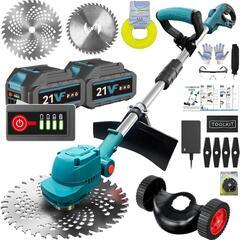 充電式草刈り機【海洋造園会社の熊本氏監修】21Vコードレス草刈機 刈刃径255mmと205mm 残量表示 PSE認証済4000mAhバッテリー2個 マキタ互換 20000rpmブラシレスモーター 1台2役電動芝刈り機 脱着式ホイール 4種類の替刃 伸縮角度調整 補助ハンドル 肩掛けバンド 軽量多機能刈払機 低騒音安全 除草 枝切り 雑草 芝生 畑 植木 農業 園芸用機器 日本語説明書