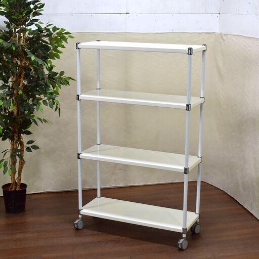 ≪yt1556ジ≫ HOME ERECTA/ホームエレクター ウッドシェルフ？ ホワイト 4段 W900xD350 双輪キャスター付き① 静音/高品質/メタルラック/中古家具/宮城県仙台市 60616-13
