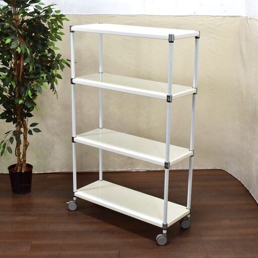 【ヤ取終了9/5】≪yt1557ジ≫ HOME ERECTA/ホームエレクター ウッドシェルフ？ ホワイト 4段 W900xD350 双輪キャスター付き② 静音/高品質/メタルラック/中古家具/宮城県仙台市 60616-15