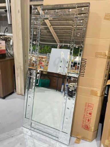 ★全身ミラー★ 大型ミラー 姿見 置き型 壁掛け メタリック アメリカン アンティーク風 スタッズ風