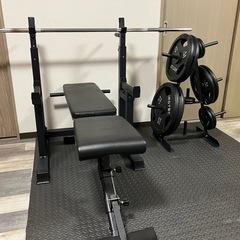 ベンチプレスバーベルラック ウエイトプレート107.5kg 付き