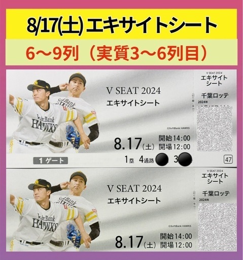 【値下げ】8月17日（土）ホークス戦チケット　2枚　PayPayドーム