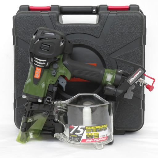 MAX マックス 75mm 釘打機 高圧コイルネイラ スーパーネイラ エアロスター ミリタリーグリーン ケース付 HN-75N4(D)-MG 中古美品