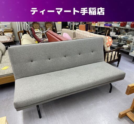 ①セミダブルベッドクラスの ソファベッド ファブリック リクライニング 幅190cm 灰色 布 3人掛け 3P 札幌 手稲